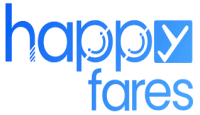 HappyFares logo with coupon code surrounded by discount symbols.